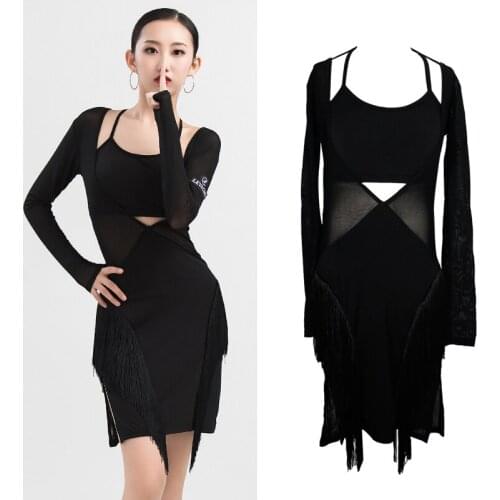Sexy Latin Dance Dress For Women Black Long Sleeve Practice Dress Backless Latin Performance Competition Dance Dresses DQS6436