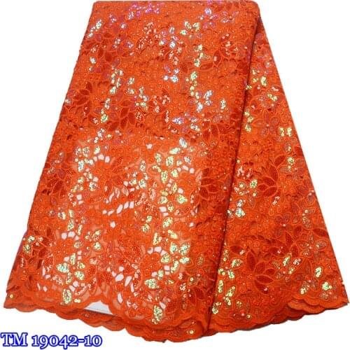 2019 High quality African double organza lace fabric fashion orange embroidery beaded stones sequins french tulle lace for women