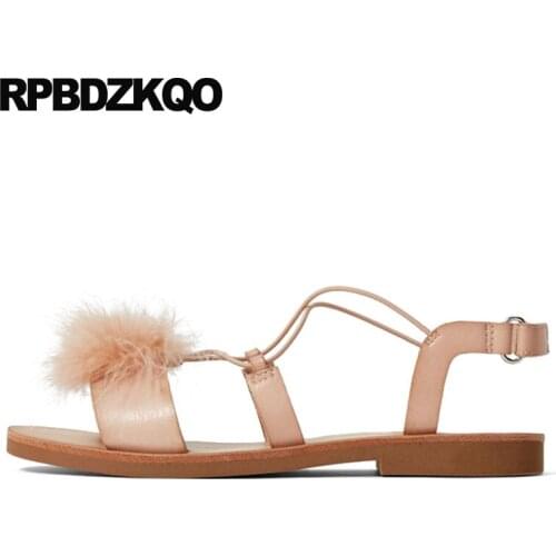 Large size embellished cute big ladies holiday women sandals flat summer 2019 beach pink shoes plus feather gladiator slingback