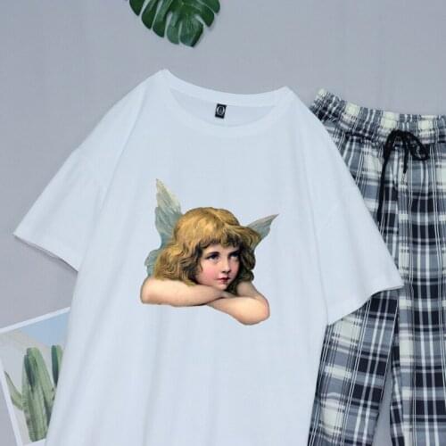 Plaid Pants Set Suit Pants High Waist Trousers and Tshirt Outfits for Women Angel Print Clothing Girls Harajuku Style Streetwear