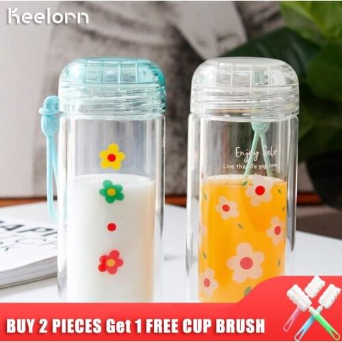 Keelorn Cartoon Flower Anti-ironing Glass Simple Double Transparent Water Bottle with Rope 280ml Outdoor Portable Juice Bottles