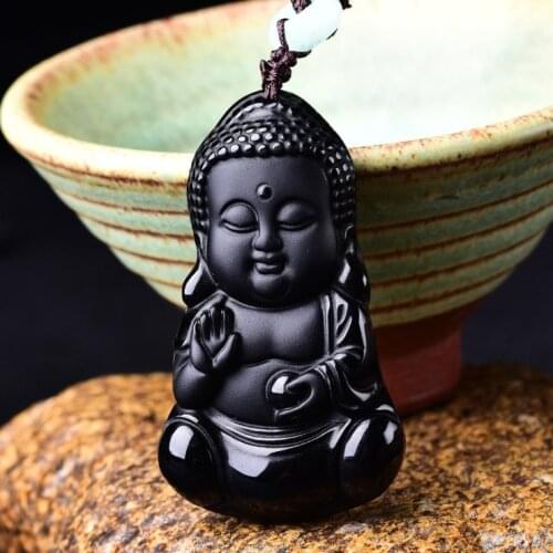 Beautiful Chinese Handwork Natural Black Obsidian Carved Baby Buddha Amulet Lucky Pendant + Beads neckl Men Stone Jades Jewelry