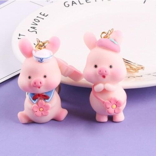 Cute Little Pink Pig Doll Keychain Cartoon Flower Resin Keyring Couple Women Bag Car Pendant Keyfob Ornament Decoration