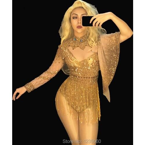 Fashion Sexy Gold Rhinestones Bodysuit Costume Womens sexy Outfit Birthday Party Wear Female Singer Dance Stage Leotard YOUDU