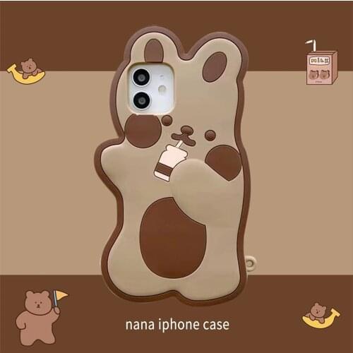 Drink Bear Soft Silicone Phone Case for iPhone 12 Pro Max 11 6 7 8 Plus X XR XS MAX Funny Lovely Cute Bear Lanyard Phone Cover