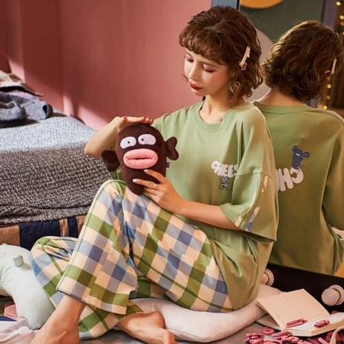 Pajamas Sets Women Korean Style Printed Plaid Full-length Nightwear Cute Student Trendy Thin Loose Comfortable Leisure Sleepwear