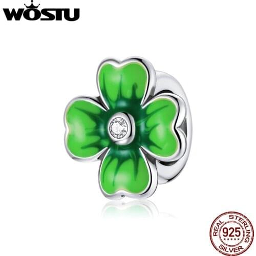 WOSTU Lucky Clover Shining Zircon Pendant Charms 925 Sterling Silver Fit Original Silver Bracelets Fine Jewelry Making BKC1749