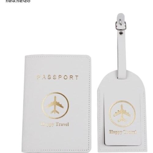 Portable Happy Travel PU Leather Passport Case Holder with Luggage Tags Credit Card Protector for Women Men Couples