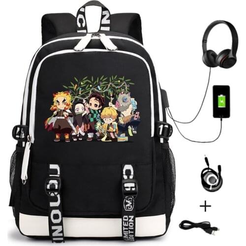 Unisex Demon Slayer Design Backpack School Bags for Teenagers Casual Cartoon USB Travel Laptop Shoulders Bags Zipper Bookbag