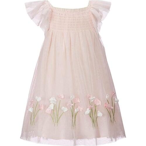 Yatheen Girls 4-10t Floral-Applieque Fit-And-Flare Dress Kids Party Dresses Pink and White