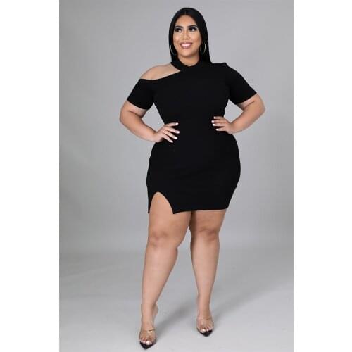 Plus Size Womens Clothing Fashion Round Collar Knitted Pit Strip Side Opening Off-shoulder Mini Dress Wholesale Dropshipping