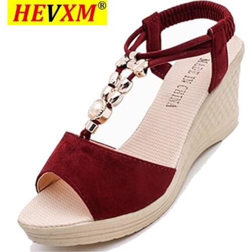 Ladies Wedge Sandals 2021 Luxury Rhinestone Platform Sandals Female Comfort Flock Sandalias Koturny Girls Summer Dress Shoes Red