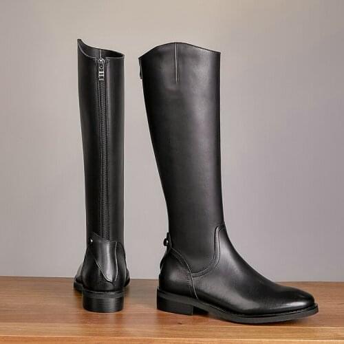 New style Knee-high boots Genuine leather Women boots Motorcycle boots warm Female boots winter After zipper Women shoes cowhide