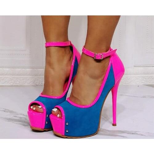 Disploot Woman Sexy Hot Pink Blue Patchwork Peep Toe Platform One Line Buckle Pumps Female Super Thin Heels Party Shoes Size 47