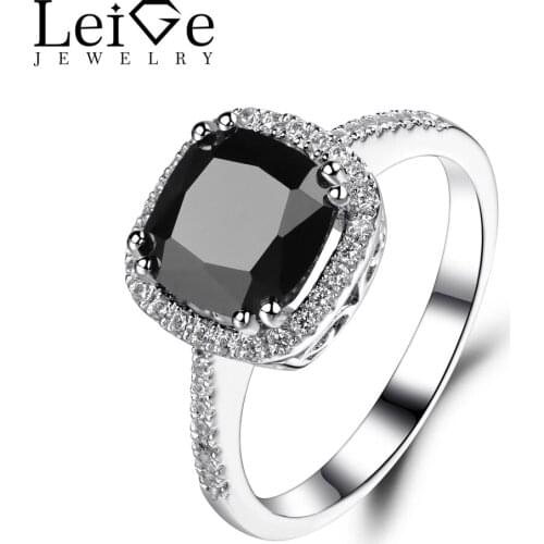 Leige Jewelry Natural Black Spinel Ring Cushion Cut Halo Wedding Engagement Rings for Women Silver 925 Jewelry Black Gemstone