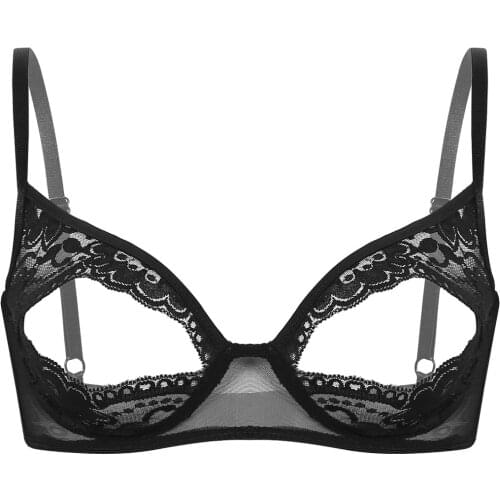 Womens Bra Erotic Lingerie Sexy Porno Bralette Soft Split Bras Sheer Lace Shoulder Straps Nipple Wire-free Unlined Bra Top