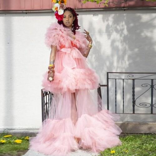 Pink Elegant Casual Women Dress Tulle Ruffle Layered Party Dress Floor Length Evening Dress Plus Size Prom Dress Custom Made