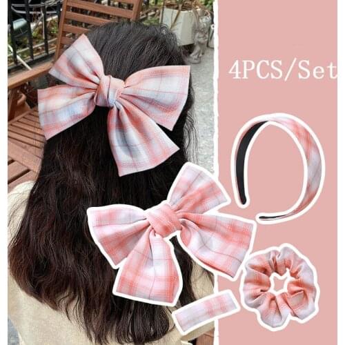 4PCS/Set New Women Girls Cute Solid Plaid Bow Headband Hair Clip Hairband Rubber Bands Hair Ornament Fashion Hair Accessories