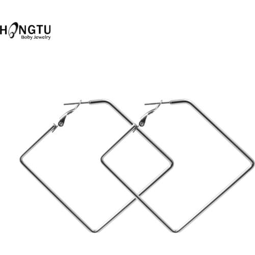 HONGTU Big Large Square Hoop Earrings for Women Simple Surgical Steel Long Geometric Oversized Creole Earrings Jewelry