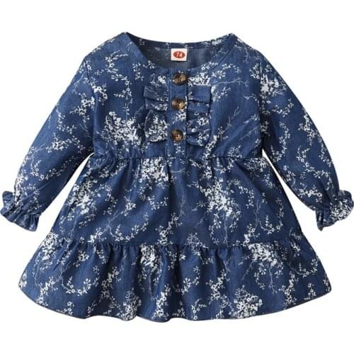Kids Dress Summer Floral Print Round Neck Long Sleeve for Toddler Baby Girls 0-24 Months
