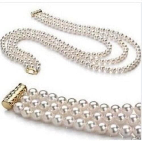 Elegant 3row 9-10mm white pearl necklace 18"-20" bracelet 8" set