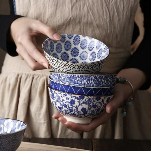FANCITY Creative personality blue and white porcelain retro bowl rice bowl soup bowl ceramic bowl home eating dessert bowl