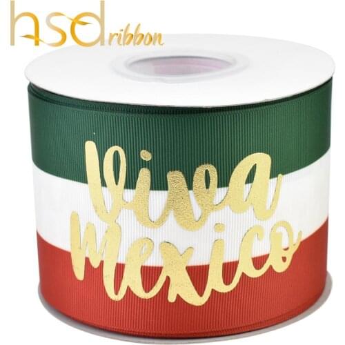 HSDRibbon designer Custom 75MM 3inch Mexico series gold foil on HT Grosgrain Ribbon 50 Yards/Roll