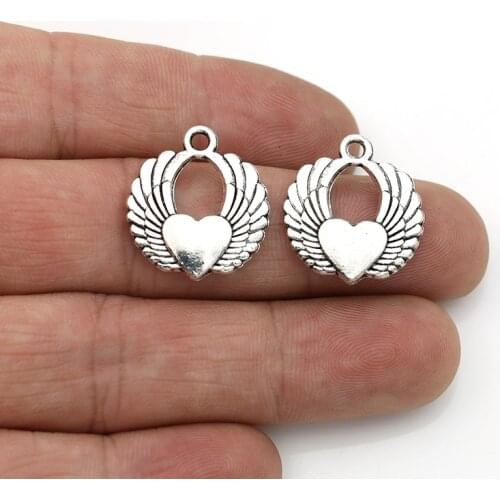 JAKONGO 5pcs Tibetan Silver Angel Wings Heart Charms Pendants for Jewelry Making DIY Handmade Accessories 20x22mm