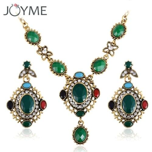 Joyme Indian Jewelry Sets Necklace Chocker Women Green Resin African Beads Ethnic Gold-Color Pendant Dangle Earrings