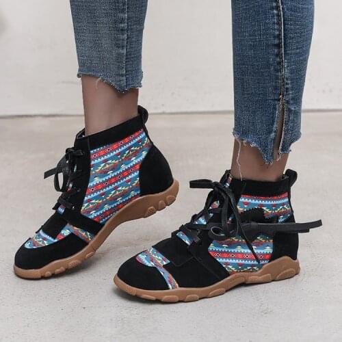 Fashion 2121 Spring Autumn Embroidered Women Boots Boho Ladies Round Head Short Boots Female Lace-up Boots Casual Womens Boots