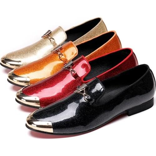 Fashion Design Metal Toe Men Patent Leather Shoes Men Casual Flats Party Wedding Loafers Black Red Orange Size 38-46