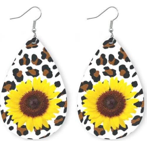 Trendy Sunflower Earrings for Women Water Drop Leopard Leather Earrings Fashion Jewelry Accessories Hot Sale Girl Gift Wholesale