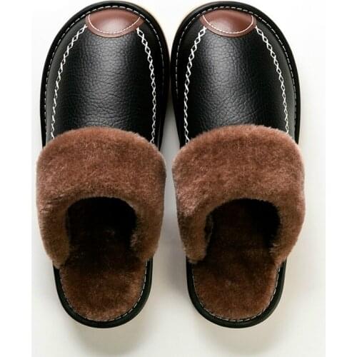 Men Winter Leather Slippers Bedroom Cotton Slippers Waterproof Thick Plus Velvet Indoor Warm House Home Slippers Shoes Fashion