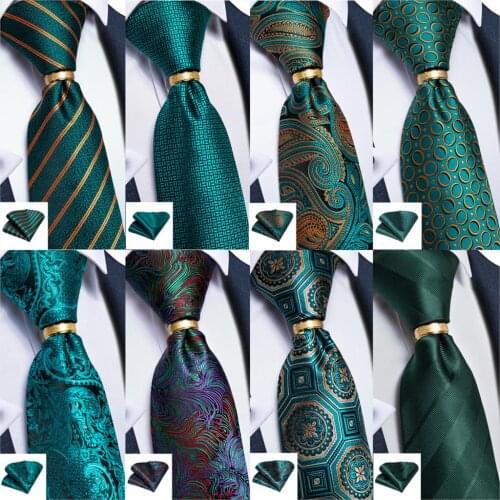 DiBanGu Men Tie Teal Green Striped Paisley Quality Silk Wedding Tie For Men Tie Ring Hanky Cufflink Set Business Novelty Design