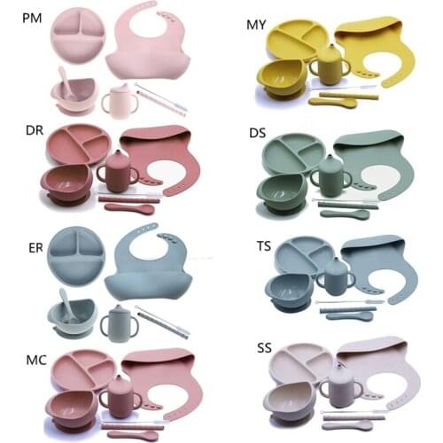 7pcs/set BPA Free Baby Silicone Tableware Waterproof Bib Solid Color Dinner Plate Sucker Bowl And Spoon For Children