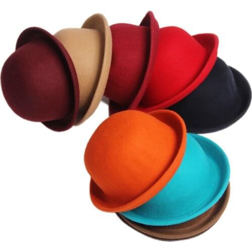 Adult Children Flat-top Fedora Hat Pure Color Imitation Wool Jazz Hat Wide Brim Ladies Elegant Round Hat Bowler Hat