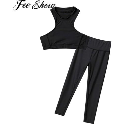 Kids Girls Running Fitness Exercise Outfit Sportswear Sleeveless Racer Back Cropped Top Sport Vest High Waist Leggings Pants Set