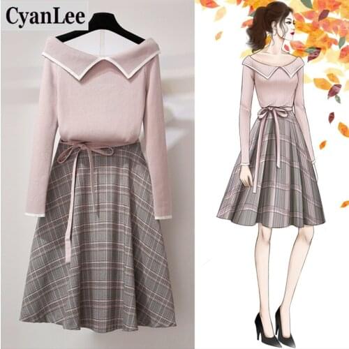 Cyanlee V-neck Sweater 2 Piece Set Women Winter 2020 Clothes Outfits Casual 2 Pcs Girl Sets Plaid A-Line 2 Pcs Skirt Set