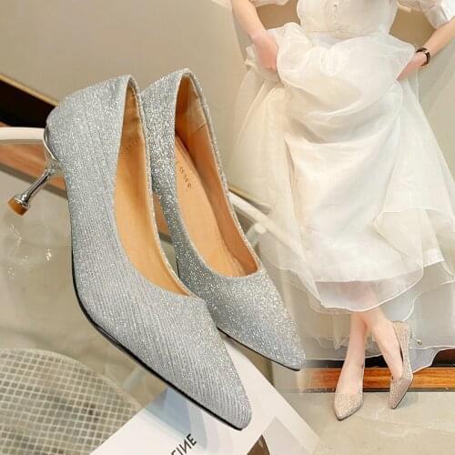 Bridal Shoes Gold Heels Bling Bling Sandals Ladies Pointed Pumps 2021 Slip On Bride Lace-Up Fine Club African Toe Latest Silver