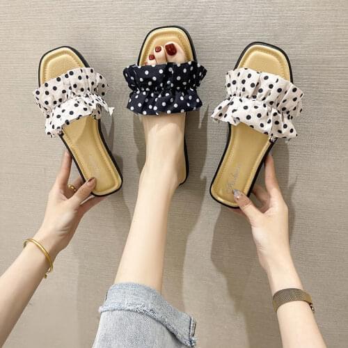 Polka Dot Slippers Womens Outer Wear Fashionable Home Indoor and Outdoor Girls Casual Slippers Flat Slippers for Women