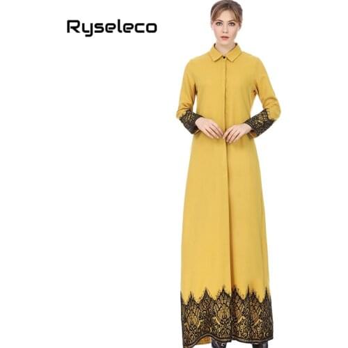 Vintage Middle East Women Straight Shirt Loose Dresses Button Up Floral Lace Patchwork Muslim Casual Long Maxi Vestidos caftan