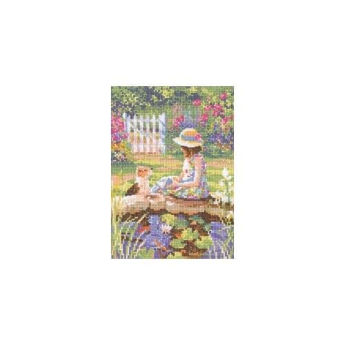 Top Quality Lovely Cute Counted Cross Stitch Kit The Reading Lesson Memories Little Girl and Dog with Book at the pond