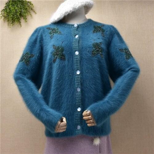 Female women vintage flower beaded winter hand knitted angora rabbit hair long sleeves loose cardigans jacket coat sweater pull
