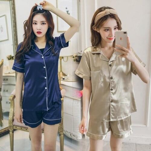 Summer Short Sleeve Nghtwear Solid Color Silk Like Womens Pajamas Thin Lapel Nightie Suit Sleepwear Home Wear Sexy Pjs