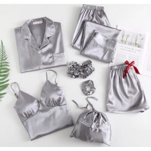 Women 7 Pieces Pajamas Sets Stain Faux Silk Pajamas Women Sleepwear Sets Autumn Winter Tops+Shorts+Shirt+Pants clothing