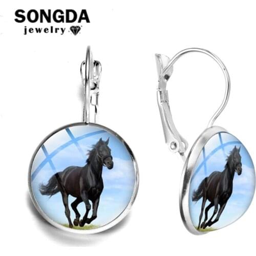 SONGDA Temperament Dark Horse Earrings Transparent Handmade Glass Cabochon Hook Earrings for Women Birthday Gift Animals Jewelry