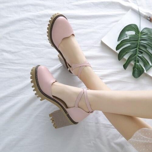 Big Size ladies high heels women shoes woman pumps Round-headed heavy-heeled single shoes