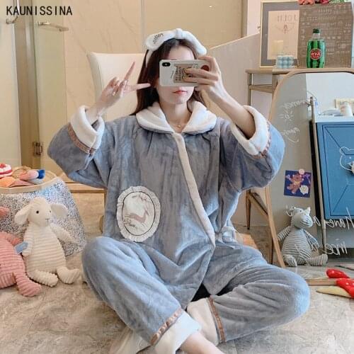 Women Pajamas Set Thick Flannel Warm Winter Pyjamas Long Sleeve Kimono Nursing Maternity Loungewear Home Clothes