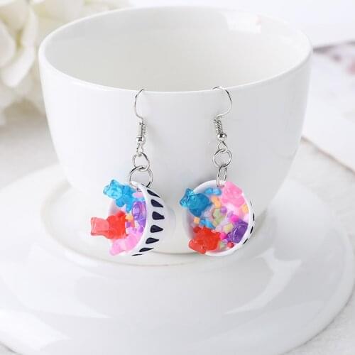 1Pair Drop Earrings Bowl With Gummy Bears Dangle Simulation Food Jewelry For Children And Woman
