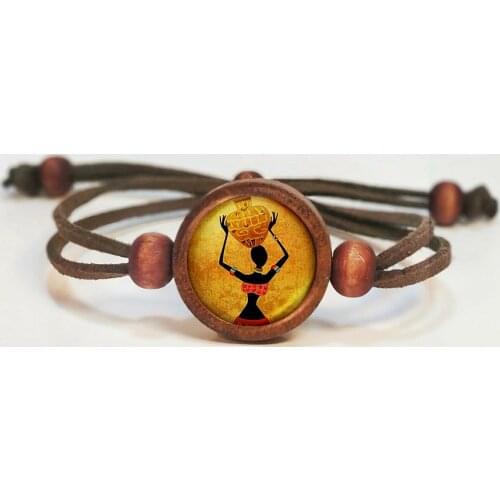 Ethnic Theme Handmade Wooden Womens Bracelet Cute Jewelry Accessory African Girl Woman Silhouette Love And Peace Colors Yellow